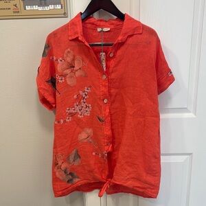 Orange-red floral linen shirt